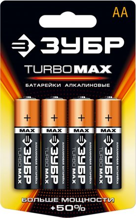 Батарейка ЗУБР &quot;TURBO MAX&quot; щелочная (алкалиновая), тип AA, 1,5В, 4шт на карточке 59206-4C купить в Екатеринбурге