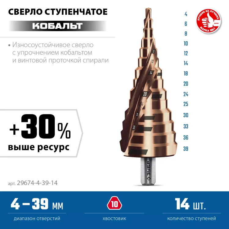 ЗУБР КОБАЛЬТ 4-39мм, 14 ступеней, винтовая проточка, сверло ступенчатое, серия Профессионал(29674-4-39-14) купить в Екатеринбурге