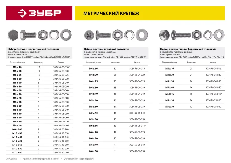 Болт (DIN933) в комплекте с гайкой (DIN934), шайбой (DIN125), шайбой пруж. (DIN127), M6 x 80 мм, 5 шт, ЗУБР 303436-06-080 купить в Екатеринбурге