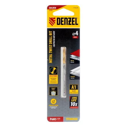 Сверло спиральное по металлу Denzel 4 x 75 мм, Р6М5, Golden Tip, 718229 купить в Екатеринбурге