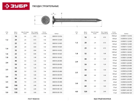 Гвозди ЗУБР &quot;МАСТЕР&quot; строительные ГОСТ 4028-63, 4.0х100мм, 5кг 305010-40-100 купить в Екатеринбурге