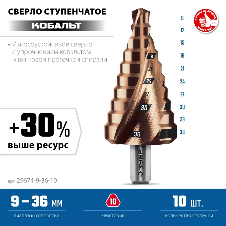 ЗУБР КОБАЛЬТ 9-36мм, 10 ступеней, винтовая проточка, сверло ступенчатое, ПРОФЕССИОНАЛ (29674-9-36-10) купить в Екатеринбурге