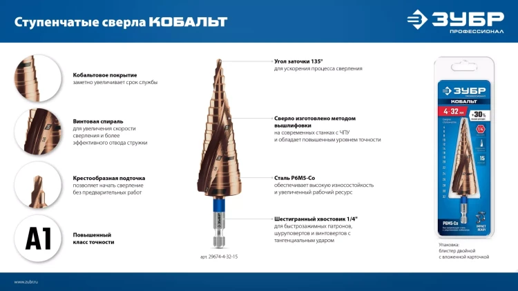 ЗУБР КОБАЛЬТ 9-36мм, 10 ступеней, винтовая проточка, сверло ступенчатое, ПРОФЕССИОНАЛ (29674-9-36-10) купить в Екатеринбурге