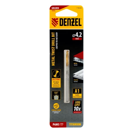 Сверло спиральное по металлу Denzel 4,2 x 75 мм, Р6М5, Golden Tip, 718230 купить в Екатеринбурге
