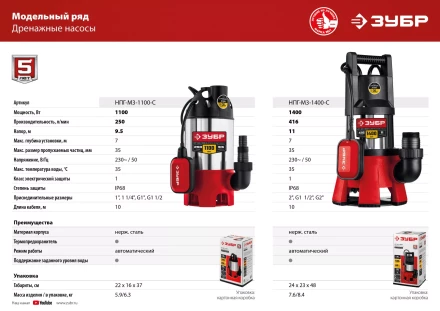 ЗУБР 1100 Вт, дренажный насос для грязной воды, корпус - нерж. сталь (НПГ-М3-1100-С) купить в Екатеринбурге