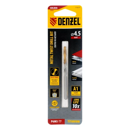 Сверло спиральное по металлу Denzel 4,5 x 80 мм, Р6М5, Golden Tip, 718231 купить в Екатеринбурге