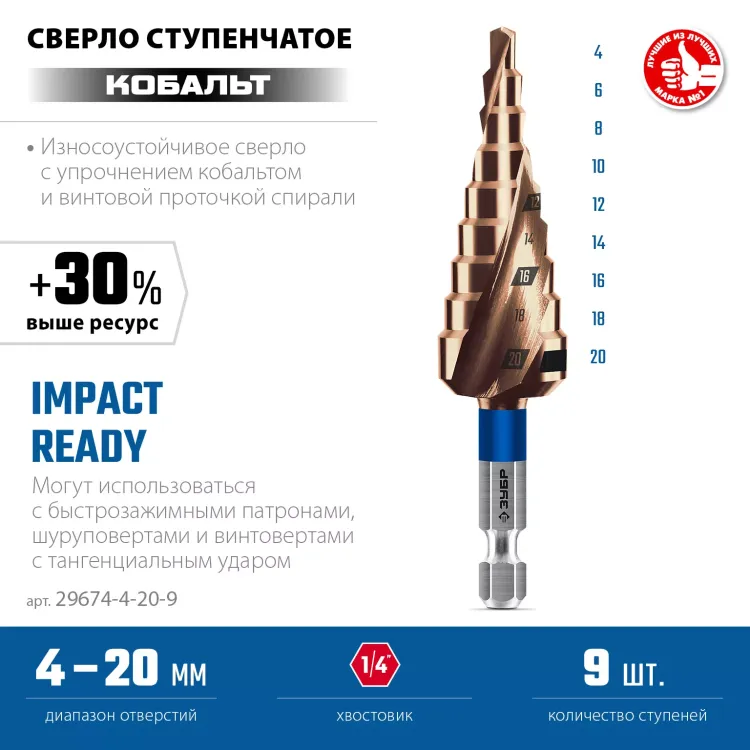 ЗУБР КОБАЛЬТ 4-20мм, 9 ступеней, винтовая проточка, сверло ступенчатое, серия Профессионал(29674-4-20-9) купить в Екатеринбурге