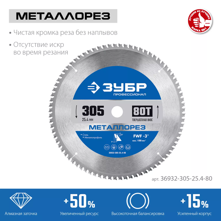 ЗУБР Металлорез, 305 х 25.4 мм, 80Т, пильный диск по металлу и металлопрофилю, Профессионал (36932-305-25.4-80) купить в Екатеринбурге