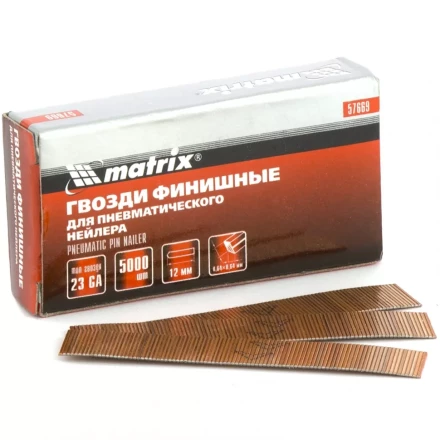 Гвозди финишные  23GA для пневматического нейлера  диаметр 0,64 мм длина 12 мм, 5000 шт MATRIX 57669 купить в Екатеринбурге