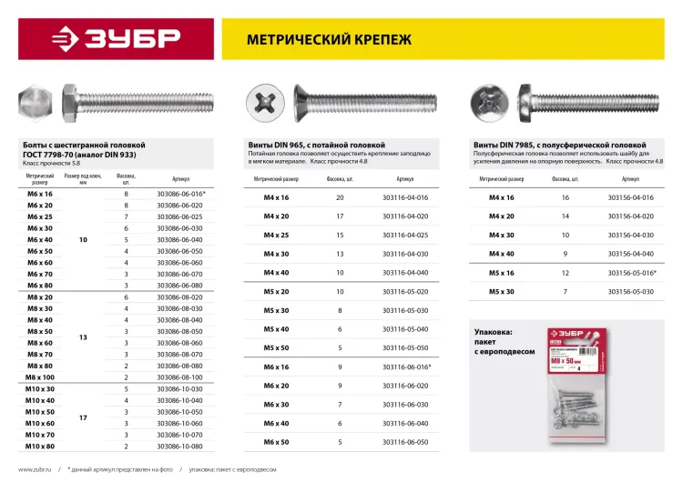Болт ГОСТ 7798-70, M6 x 40 мм, 5 шт, кл. пр. 5.8, оцинкованный, ЗУБР 303086-06-040 купить в Екатеринбурге