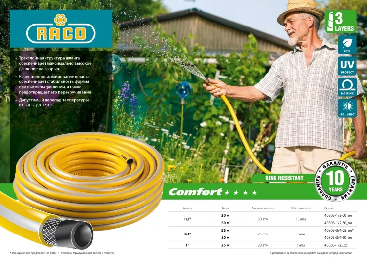Шланг RACO COMFORT поливочный, 25атм., армированный, 3-х слойный, 3/4"х50м 40303-3/4-50_z01 купить в Екатеринбурге