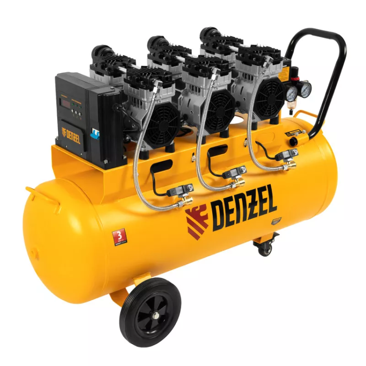 Компрессор безмасляный, малошумный  DLS 2250/100, 2250 Вт, 3x750, 100 л, 410 л/мин блок управления/ Denzel 58029 купить в Екатеринбурге