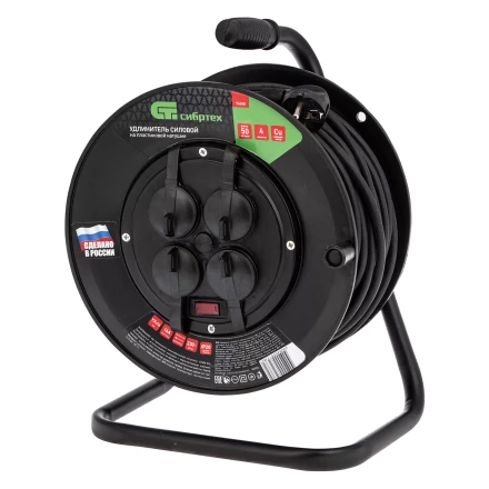 Удлинитель силовой на кабельной катушке, ПВС, 50 м, 4 розетки с крышкой, IP44, 16А, УХз16, Россия Сибртех 96048 купить в Екатеринбурге