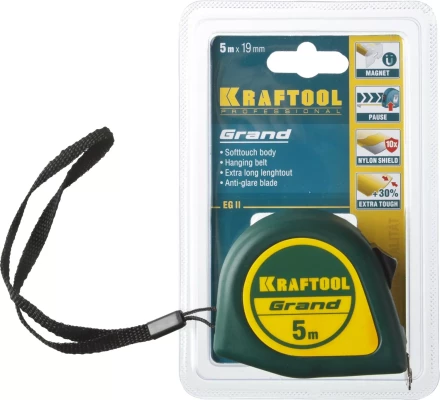 Рулетка KRAFTOOL GRAND, обрезиненный пластиковый корпус, 5м/19мм 34022-05-19 купить в Екатеринбурге