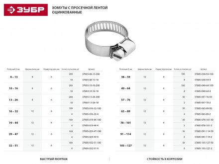 Хомуты стальные оцинкованые, ширина ленты 8мм, 13-19мм, 10шт, STAYER 37800-13-19-10 37800-13-19-10 купить в Екатеринбурге