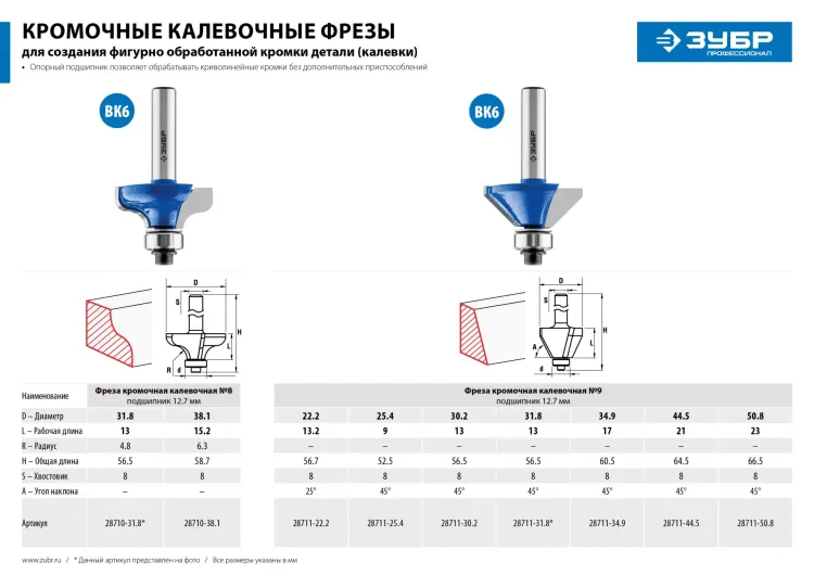 Фреза кромочная калевочная(фасочная) №9 с подшипником 127мм серия ПРОФЕССИОНАЛ купить в Екатеринбурге