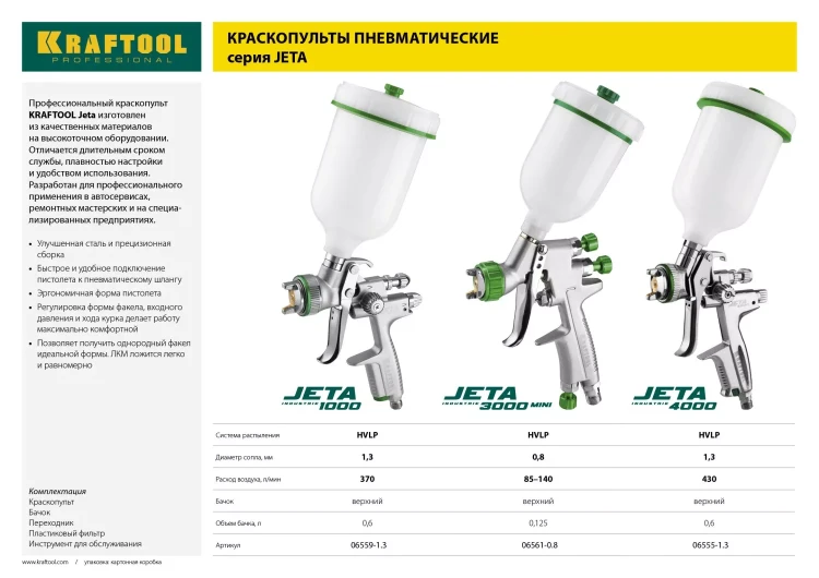 Краскопульт пневматический KRAFTOOL "PRO" Jeta 4000, HVLP, c верхним бачком, 1,3мм 06555-1.3 купить в Екатеринбурге