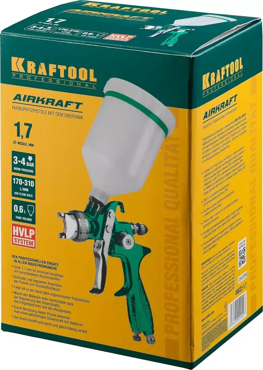 Краскопульт пневматический KRAFTOOL AirKraft, HVLP, с верхним бачком, 1,7мм 06522-1.7 купить в Екатеринбурге
