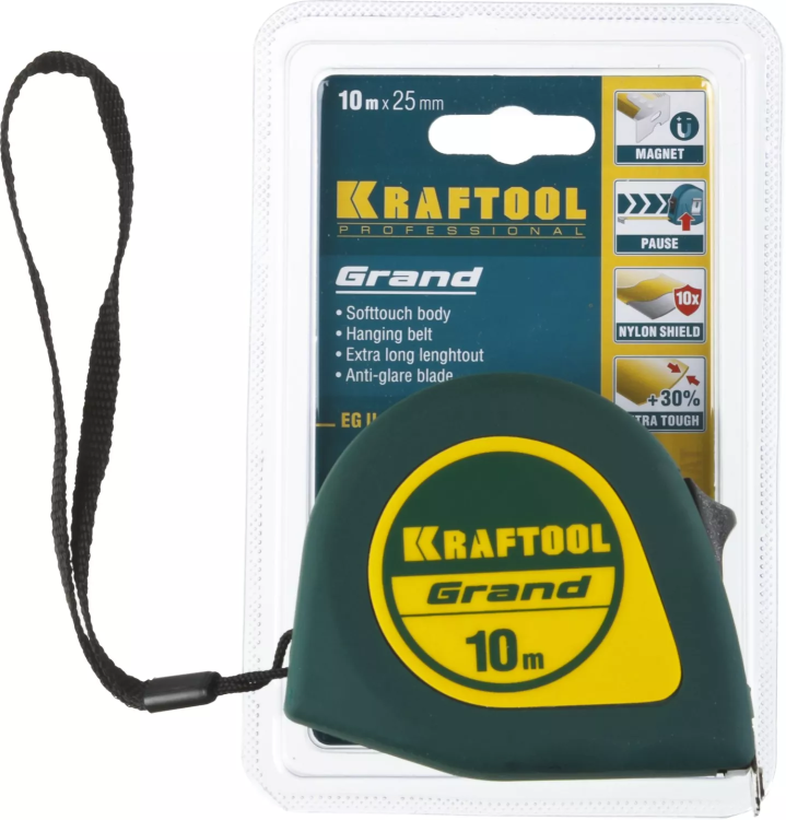 Рулетка KRAFTOOL GRAND, обрезиненный пластиковый корпус, 10м/25мм 34022-10-25 купить в Екатеринбурге