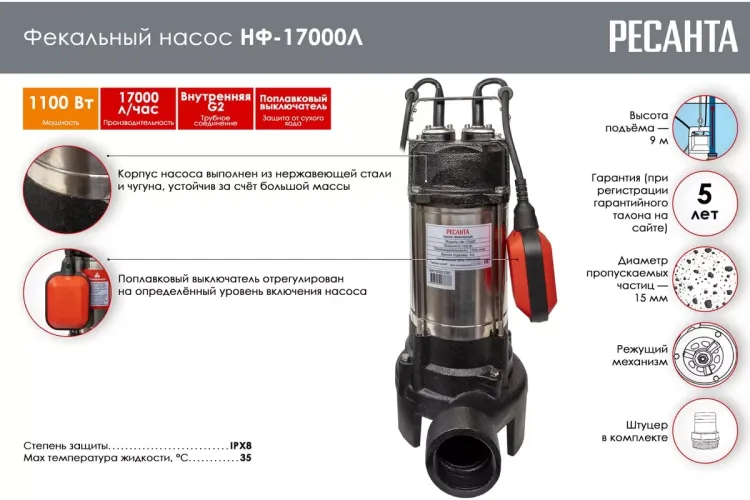Фекальный насос Ресанта НФ-17000Л с измельчителем 77/5/3 купить в Екатеринбурге