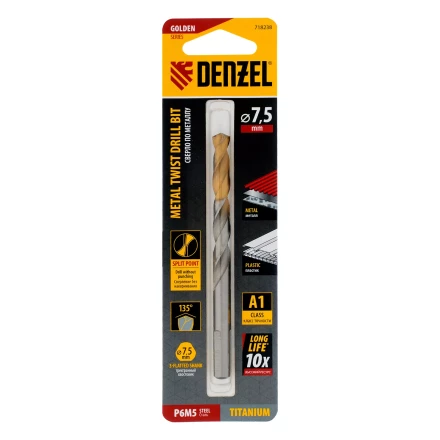 Сверло спиральное по металлу Denzel 7,5 x 109 мм, Р6М5, Golden Tip, 718238 купить в Екатеринбурге