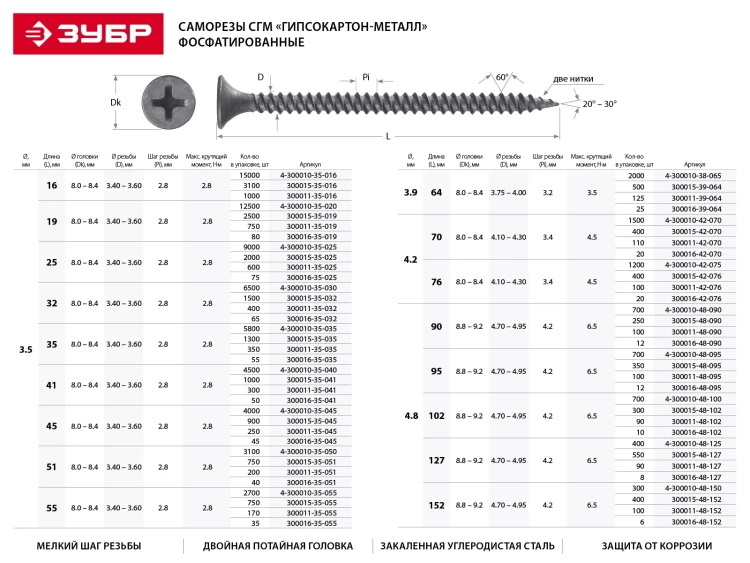 Саморезы фосфатированные с мелкой резьбой, гипсокартон-металл, ЗУБР 300016-48-102, PH2, 4,8 x 102 мм, 10 шт 300016-48-102 купить в Екатеринбурге