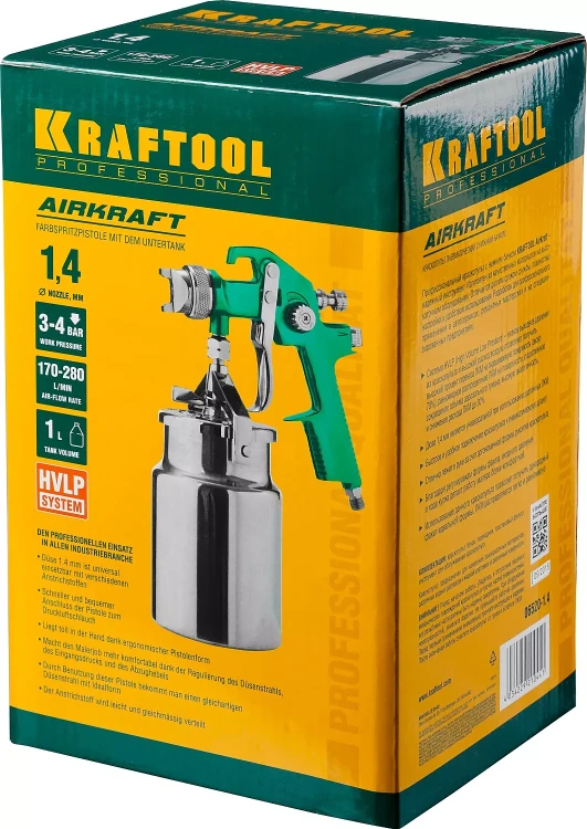 Краскопульт пневматический KRAFTOOL AirKraft, HVLP, с нижним бачком, 1,4мм 06520-1.4 купить в Екатеринбурге