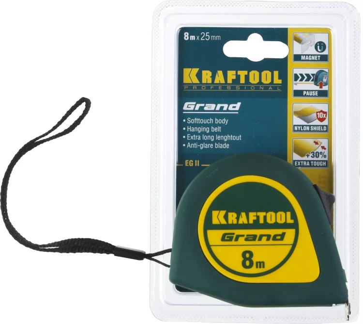 Рулетка KRAFTOOL GRAND, обрезиненный пластиковый корпус, 8м/25мм 34022-08-25 купить в Екатеринбурге