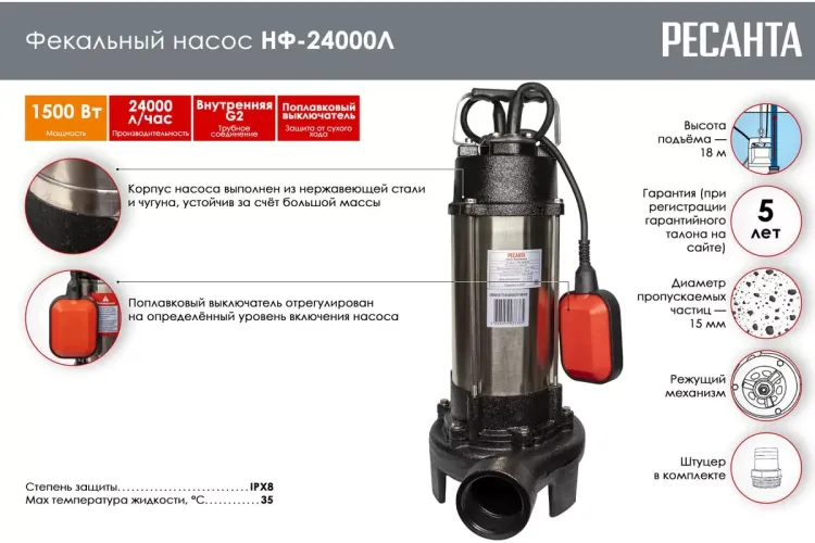Фекальный насос Ресанта НФ-24000Л с измельчителем 77/5/4 купить в Екатеринбурге