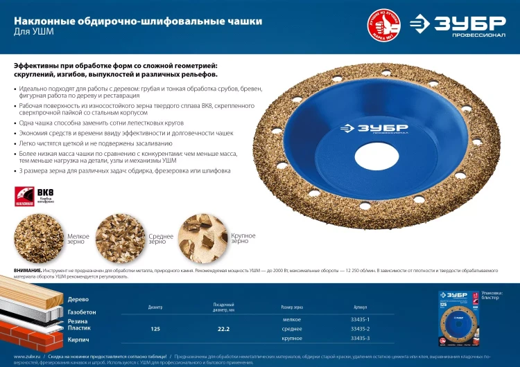 ЗУБР №3 крупное зерно, 125 мм, ВК8, наклонная обдирочно-шлифовальная чашка, Профессионал (33435-3) купить в Екатеринбурге