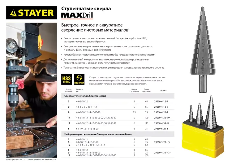 Набор STAYER "MASTER": Ступенчатые сверла по сталям и цвет.мет., сталь HSS, d=3-14мм,12ступ. d 4-12 мм 5 ступ., d 6-20мм 8ступ. 29660-3-20-H3 купить в Екатеринбурге