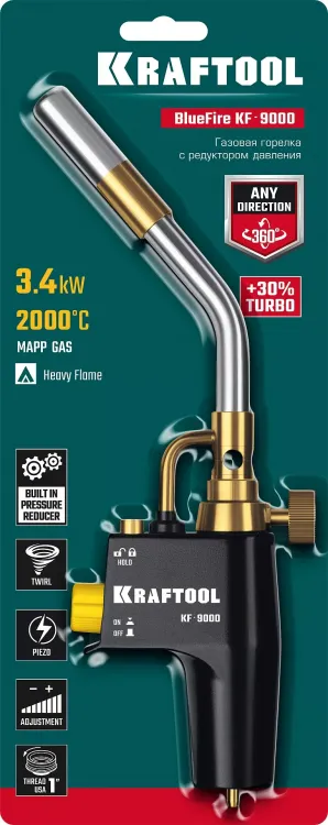 Blue Fire  KF-9000  горелка для МАПП / MAPP газа,  с пъезоподжигом,  на баллон c резьбовым соединением US 1, 2000°C 55510 купить в Екатеринбурге