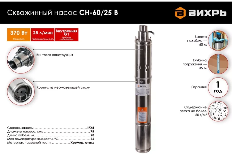 Скважинный насос Вихрь СН-60/25 В 68/3/14 купить в Екатеринбурге