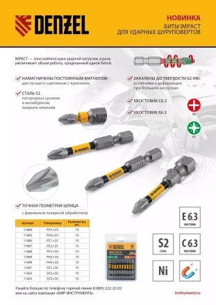 Бита IMPACT, PH2x50 мм, лазерная обработка шлица, сталь S2, 10 шт., Е 6,3 Denzel 11689 купить в Екатеринбурге