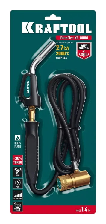 Blue Fire KS-8000  горелка для МАПП / MAPP газа,  с пъезоподжигом, на баллон c резьбовым соединением US 1, 2000°C 55512 купить в Екатеринбурге