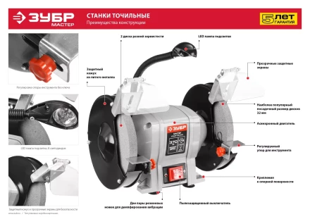 Станок точильный увеличенная мощность + лампа подсветки ЗТШМ-150-250 серия МАСТЕР купить в Екатеринбурге