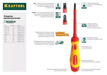 Отвертка KRAFTOOL, высоковольтная, Cr-Mo-V стержень, двухкомпонент. маслобензостойкая рукоятка, SL, 2,5х75мм 250083-2.5-075 купить в Екатеринбурге