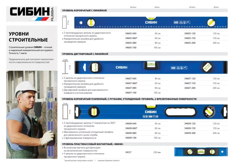 Уровень СИБИН коробчатый усиленный, утолщенный профиль, 2 фрезерованные поверхности, 3 противоударных ампулы (1 поворотная на 360 град), 4 34609-040 купить в Екатеринбурге