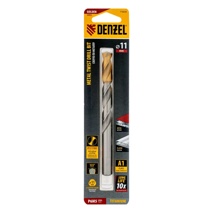 Сверло спиральное по металлу Denzel, 11 x 142 мм, Р6М5, Golden Tip, 718243 купить в Екатеринбурге