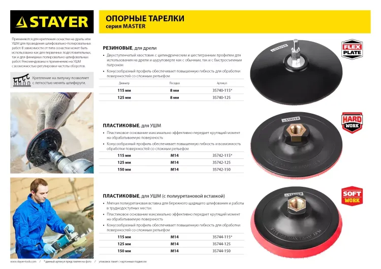 Тарелка опорная STAYER "MASTER" пластиковая для УШМ, на липучке, d=115мм, М14 35742-115 купить в Екатеринбурге