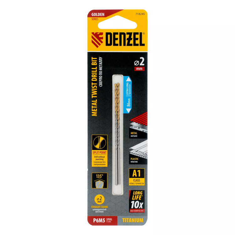 Сверло спиральное по металлу Denzel  2 х 86 мм Р6М5, Golden Tip, удлиненное, 2шт., 718245 купить в Екатеринбурге