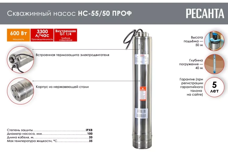 Скважинный насос Ресанта НС-55/50 ПРОФ 77/3/1 купить в Екатеринбурге