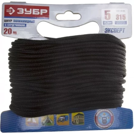 Шнур ЗУБР полиамидный, плетеный, повышенной нагрузки, с сердечником, черный, d 5, 20м 50311-05-020 купить в Екатеринбурге