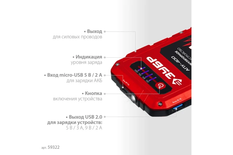 ЗУБР АПУ-400, 12 В, макс. 400 А, аккумуляторное пусковое устройство (59322) купить в Екатеринбурге
