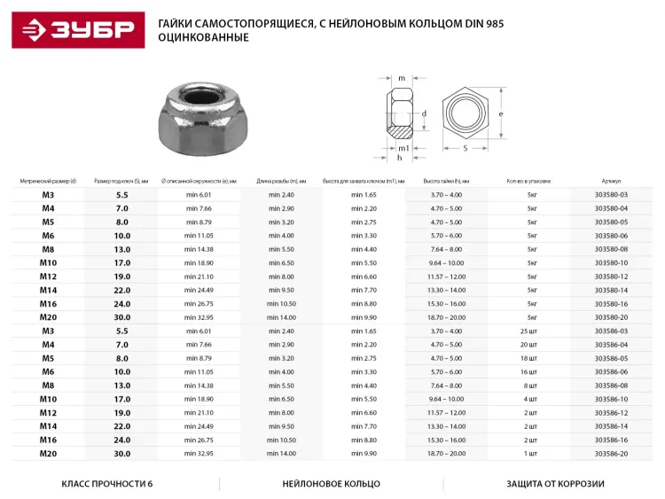 Гайка DIN 985 с нейлоновым кольцом, M8, 8 шт, кл. пр. 6, оцинкованная, ЗУБР 303586-08 купить в Екатеринбурге