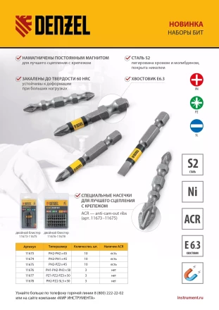 Набор бит комбинированный 3 шт., PH2, PZ2, SL5, 50 мм, сталь S2 Denzel 11678 купить в Екатеринбурге