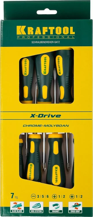 Набор X-Drive, KRAFTOOL 250081-H7: Отвертки профессиональные, SL: 3x80, 5x100, 6x125; PH: 1x80, 2x100; PZ: 1x80, 2x100 250081-H7 купить в Екатеринбурге