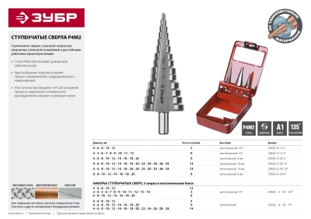 Сверло ЗУБР &quot;МАСТЕР&quot; ступенчатое по сталям и цвет.мет., быстрорежущая сталь, d=4-30мм, 14ступ.d=4-30, L-100мм, трехгран. хв.10мм 29665-4-30-14 купить в Екатеринбурге