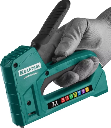 Степлер для скоб "Universal" 7-в-1: 53(6-14 мм)/53F(10-14 мм)/140 (10-14 мм)/13 (6-14 мм)/36 (10-14 мм)/300(16 мм)/500(16 мм), суперлегкий, KRAFTOOL 31524 купить в Екатеринбурге