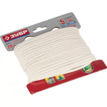 Шнур ЗУБР хлопковый плетеный, натуральный, без сердечника, d=5, 20 м, 45 кгс, 9,5 ктекс 50350-05-020 купить в Екатеринбурге